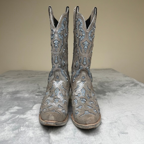 JB Dillon Womens 9 Cowboy Boots Metallic Silver Blue Rhinestone Festival Western - Picture 2 of 15
